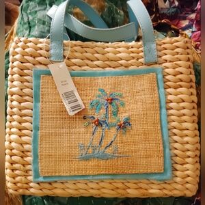 NWT Kim Rogers Tropical Palm Embroidered Straw Tote - Blue Trim